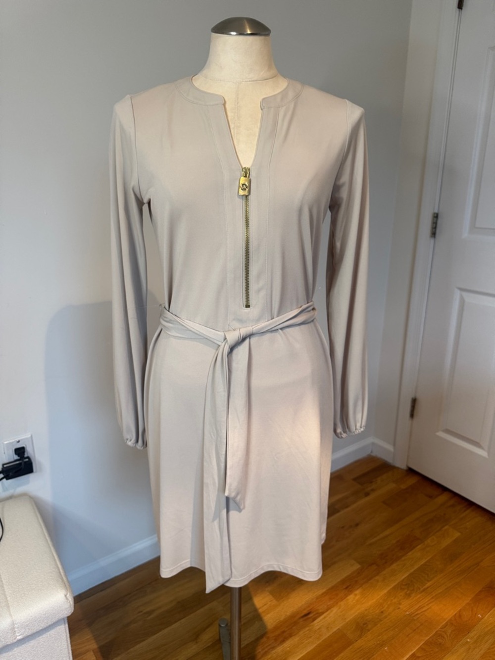 Michael Kors Cream Long-Sleeve Zip Front Belted Dress